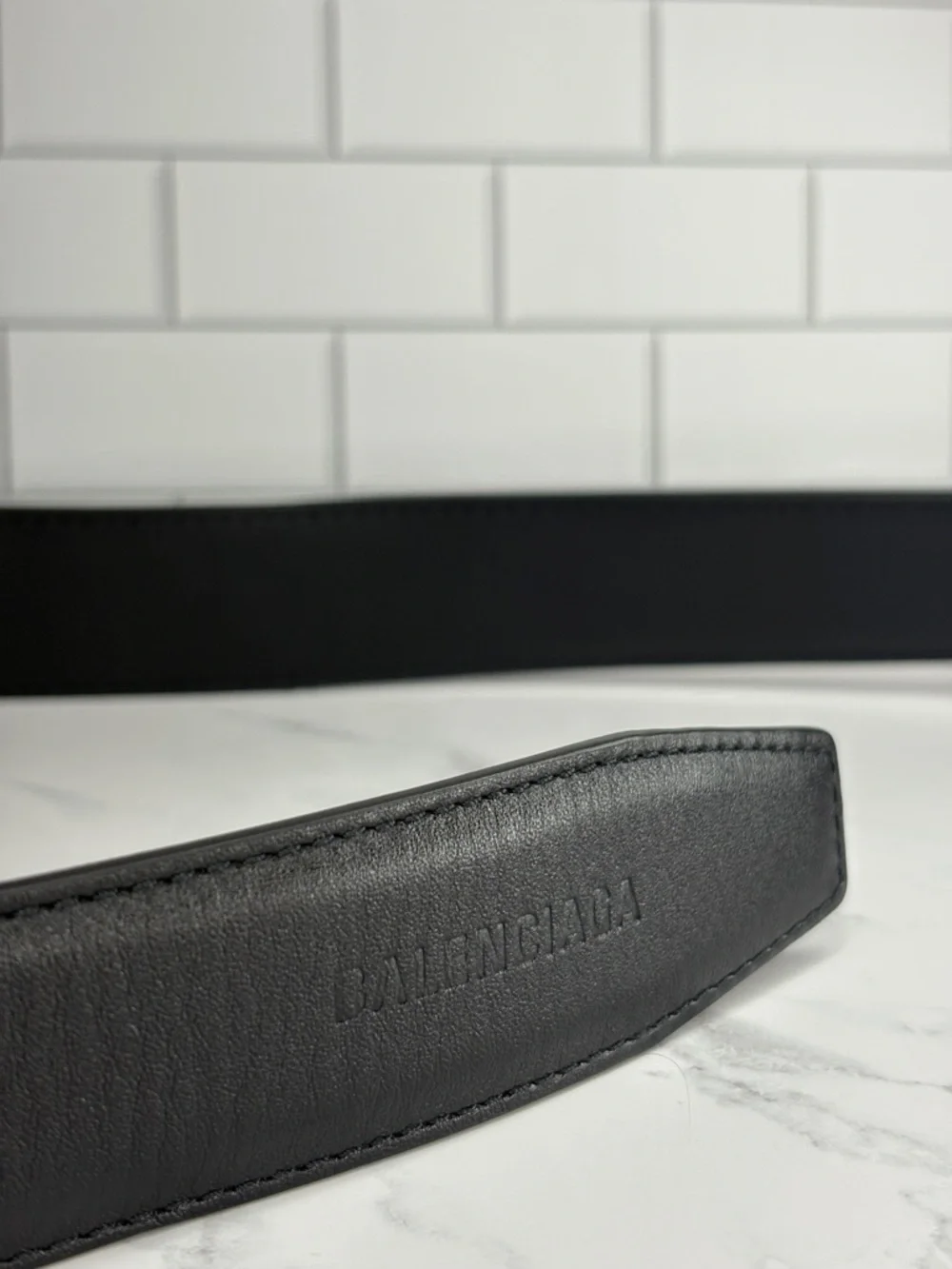 Balenciaga x Under Armour Black Leather Men's Belt with Silver Logo Buckle
